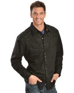 Scully Men's Black Floral Embroidered Retro Long Sleeve Western Shirt -Cinch Clothing Shop 092M74 002 D1